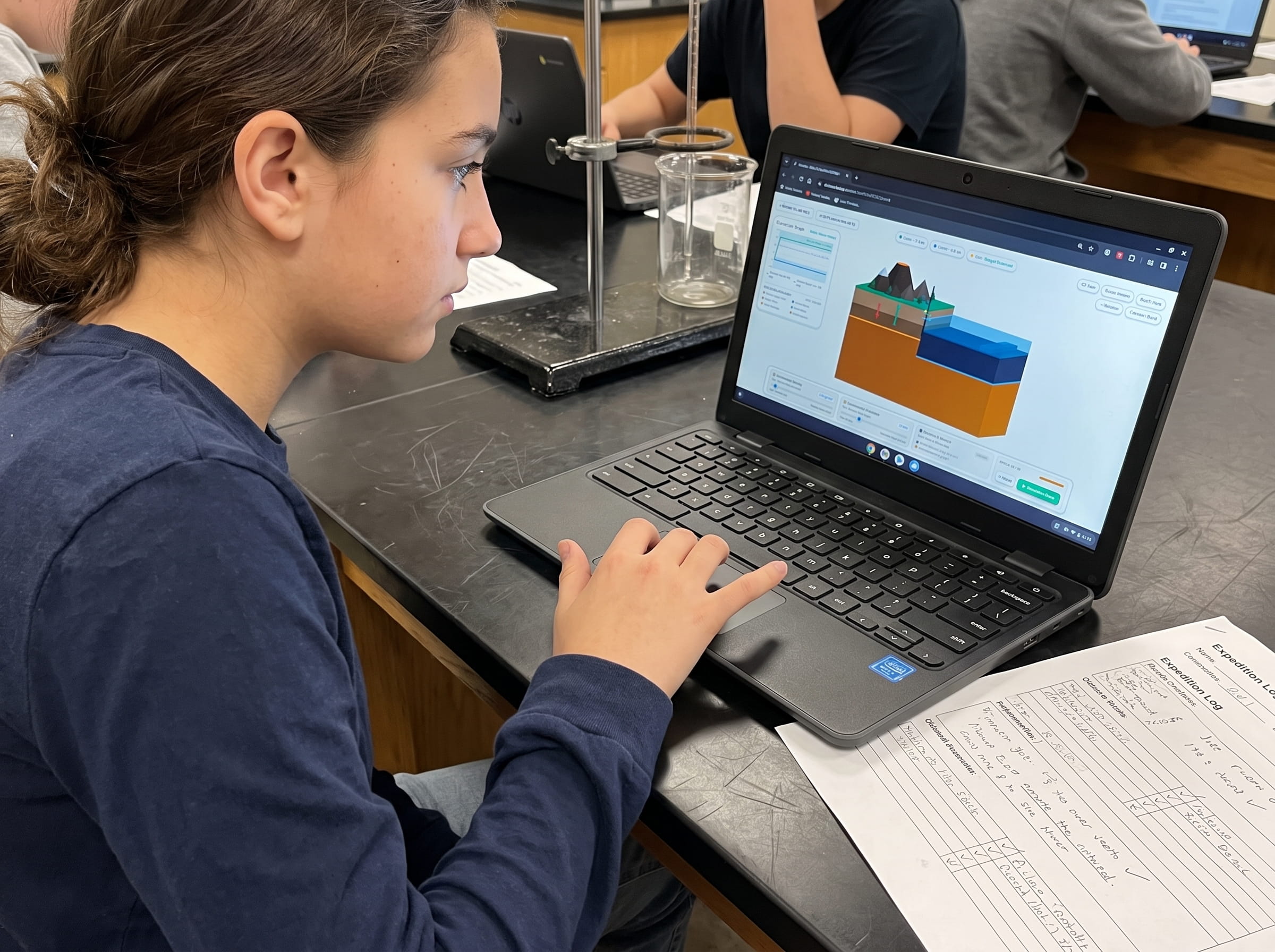 Student exploring crustal buoyancy and volcano simulation on Chromebook with physical expedition log